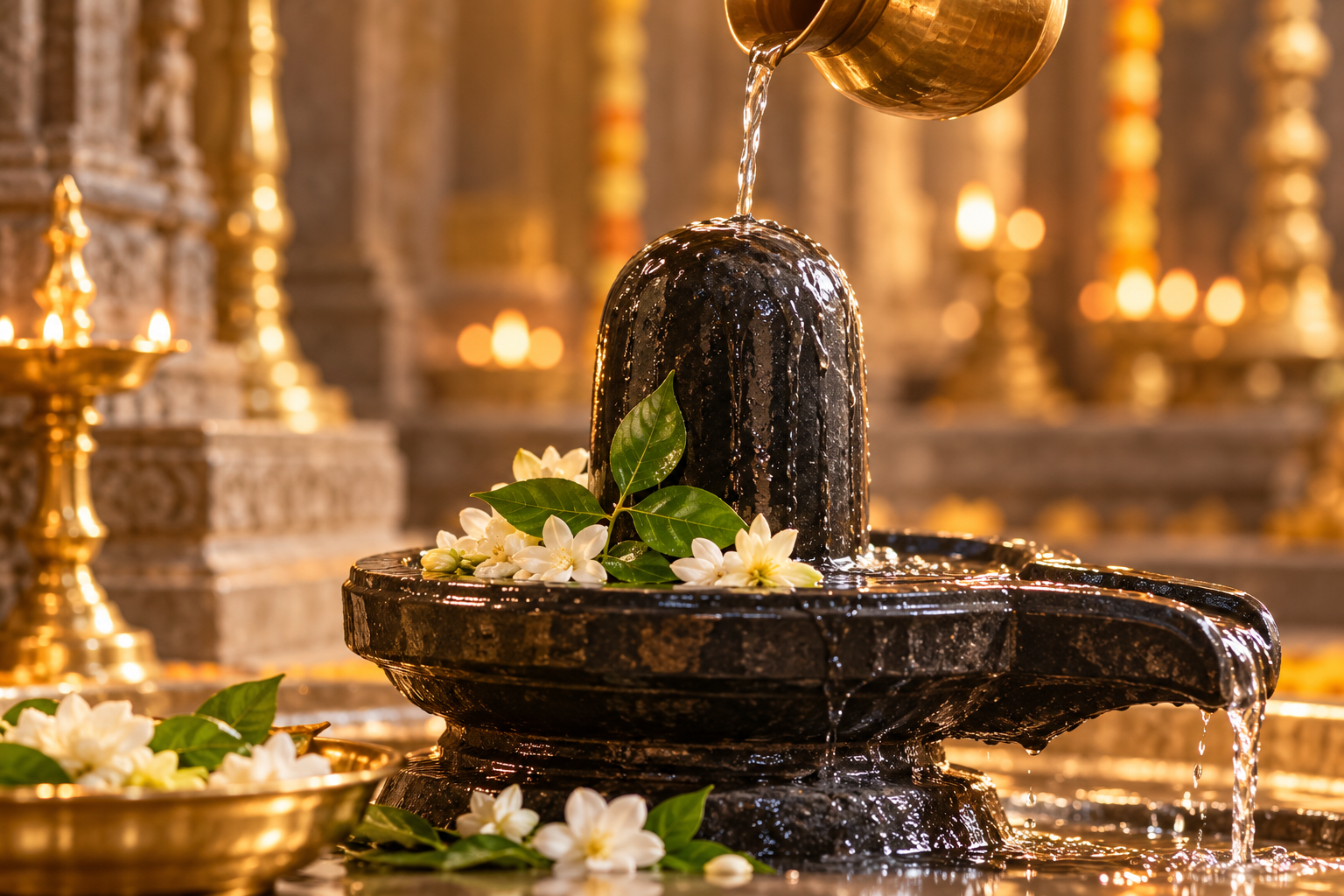 रुद्राभिषेकाचे महत्त्व - Shiva lingam with sacred holy water poured from brass pot and white flowers